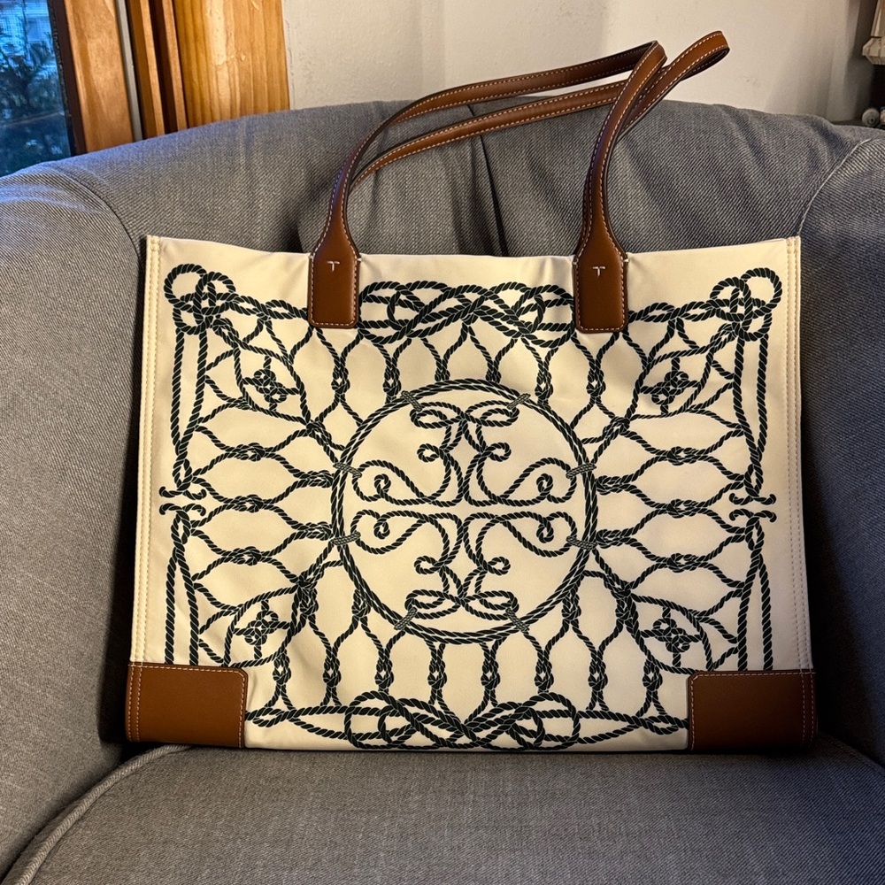 Tory Burch Cream and Black Tote with Brown Accents